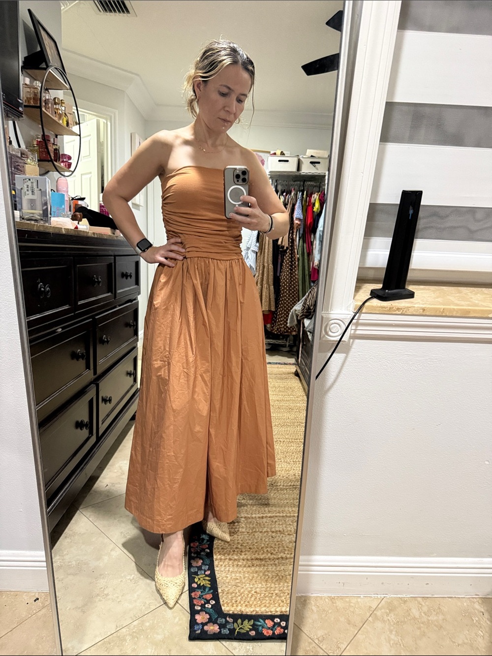LOFT Strapless Gathered Bodice Midi Dress in Rust Orange